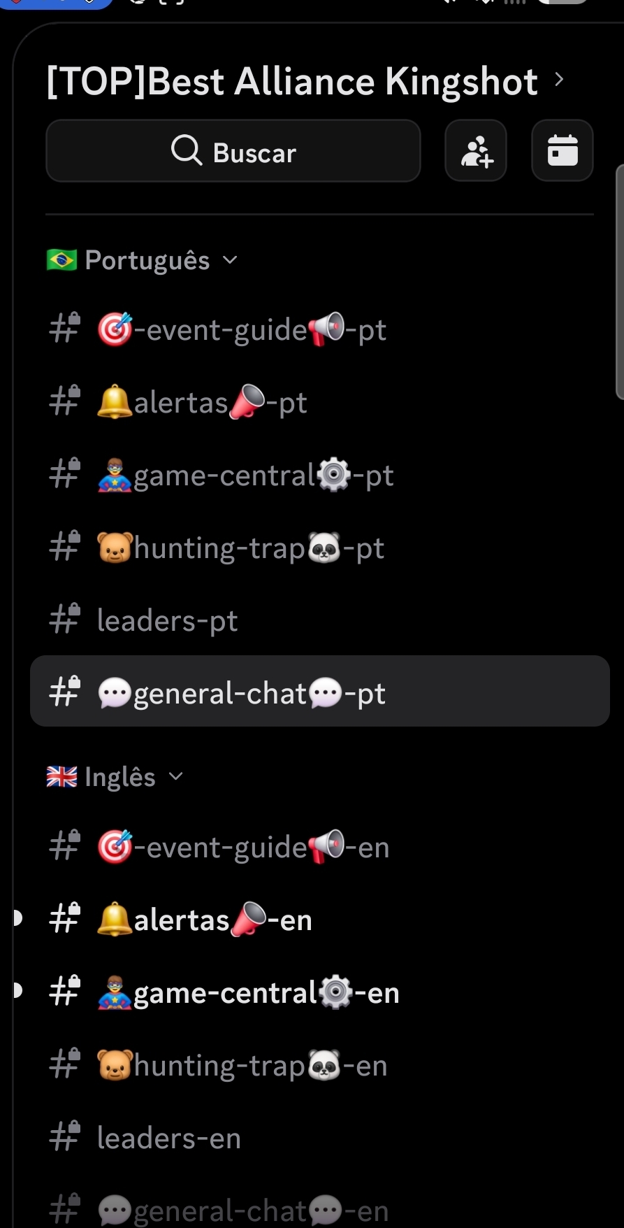 Barra lateral do Discord mostrando a categoria Português e a categoria Inglês, cada uma com os mesmos canais terminados em -pt e -en.